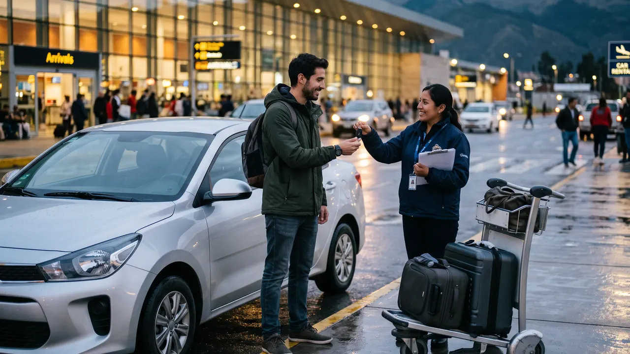 An Andes Auto Rental agent hands the keys to a traveller outside the El Dorado terminal