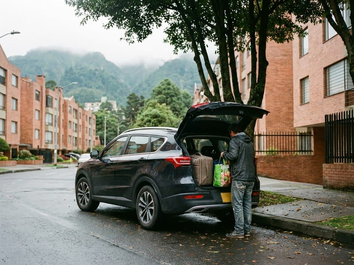 Persona cargando maletas en una camioneta Jetour X70 Plus negra en una calle residencial de Bogotá