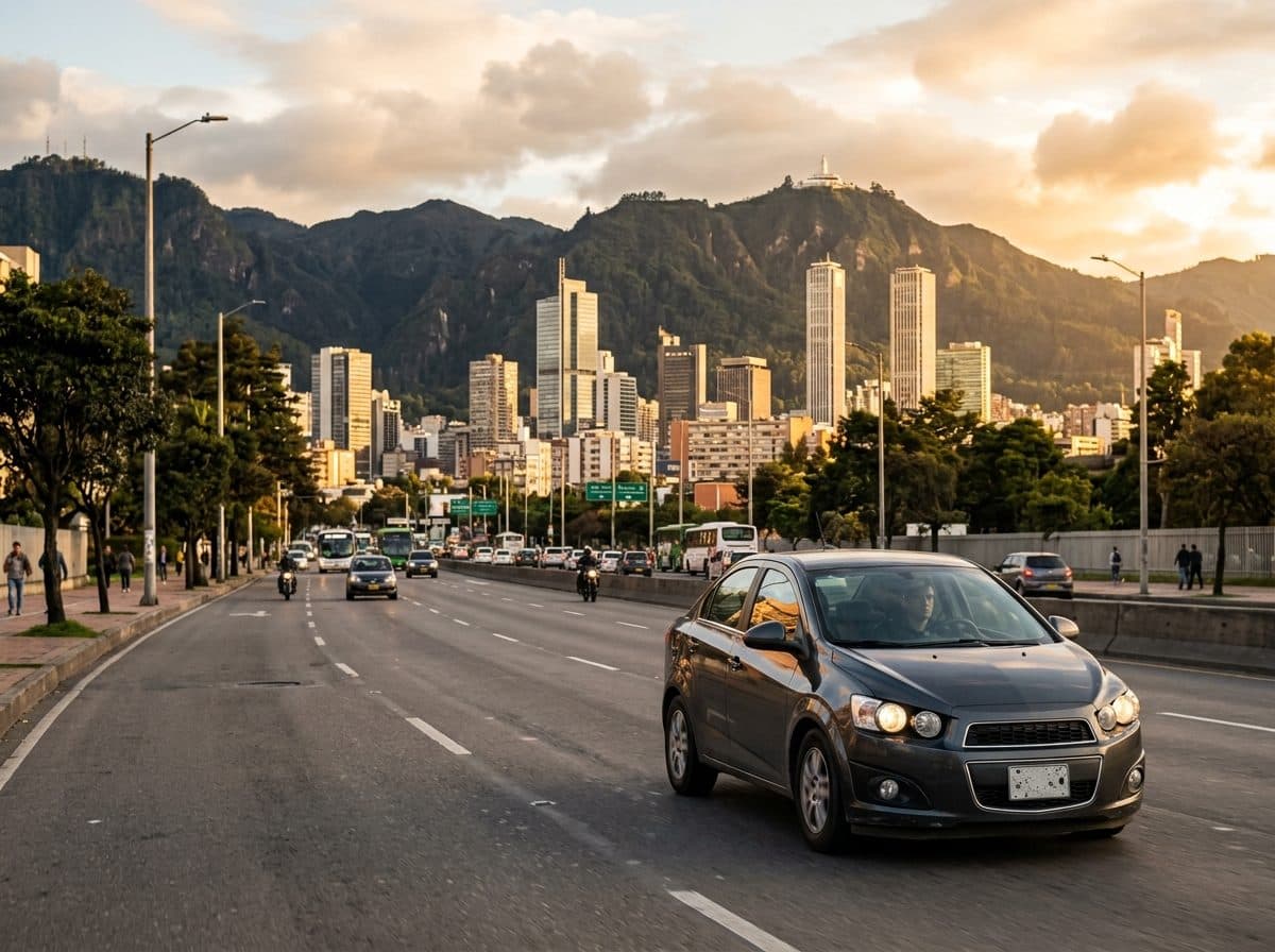 Chevrolet Sonic gris por una avenida de Bogotá al atardecer, con los cerros y Monserrate al fondo