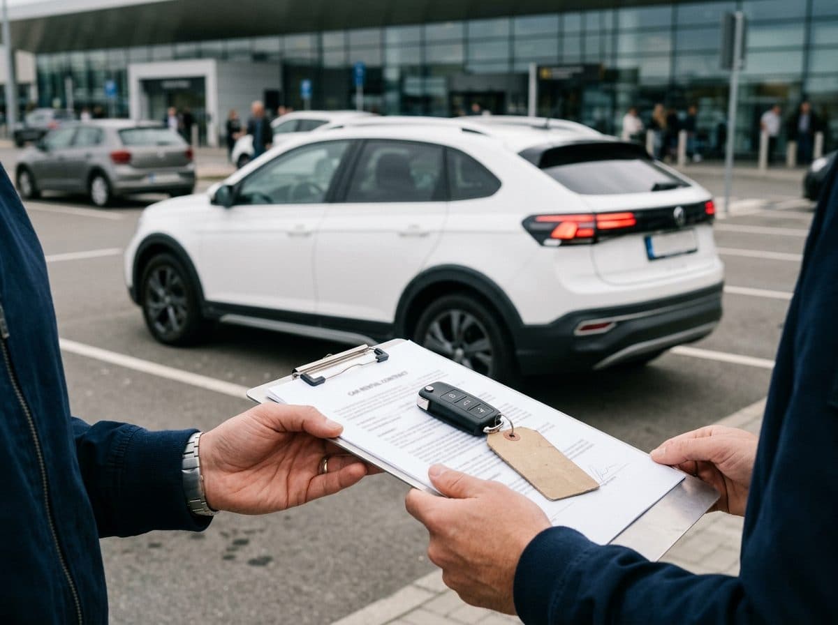 Entrega de llaves y contrato de alquiler frente a un Volkswagen Nivus blanco