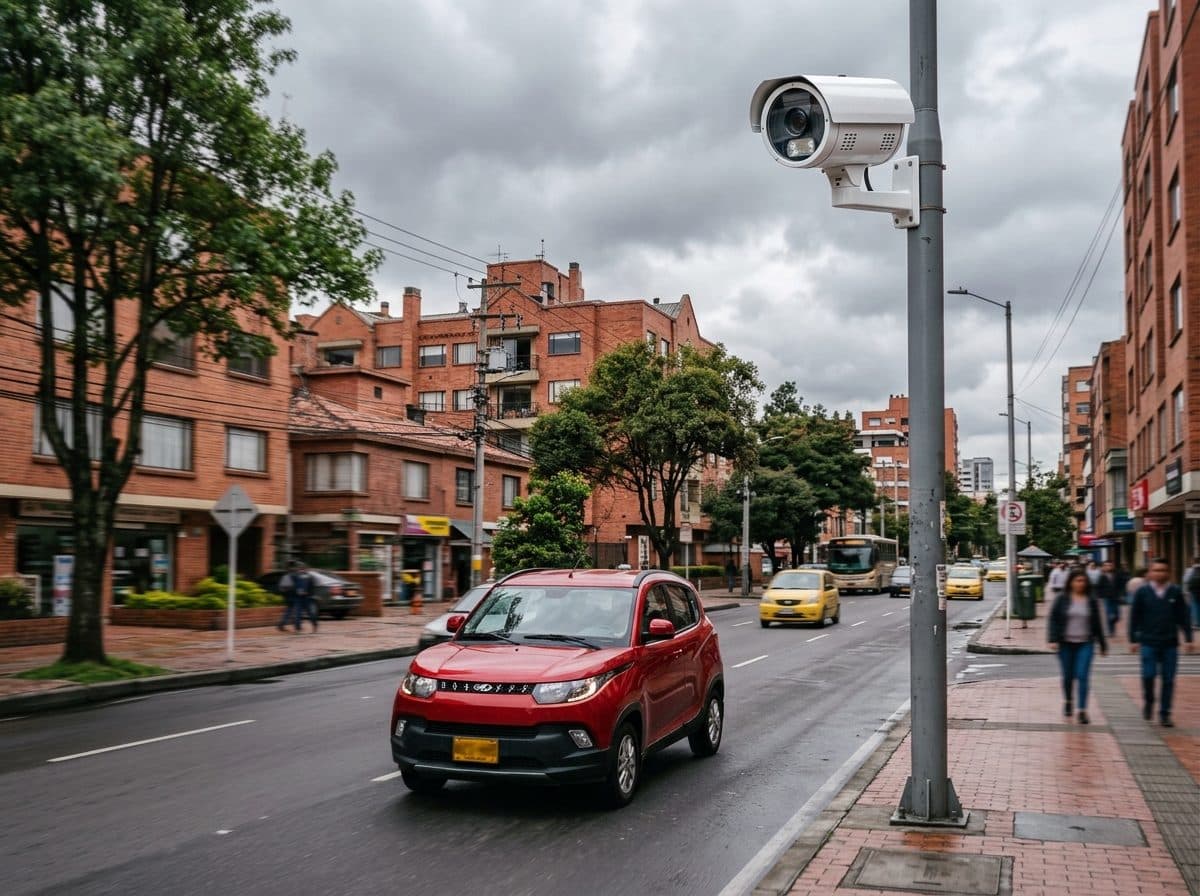 Speed camera over a Bogotá avenue as a red Mahindra KUV 100 drives past