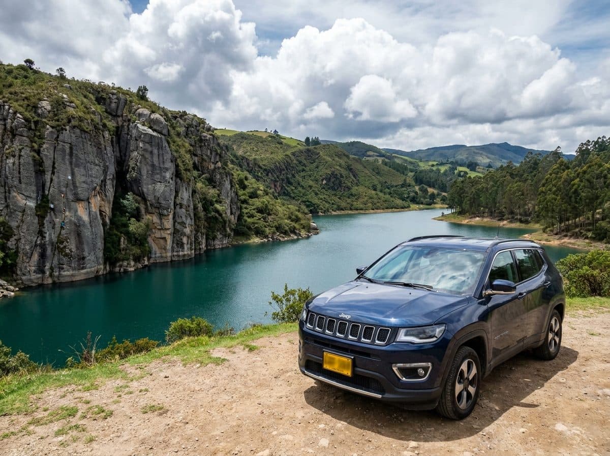Blue Jeep Compass parked at a viewpoint above the Tominé reservoir near Guatavita