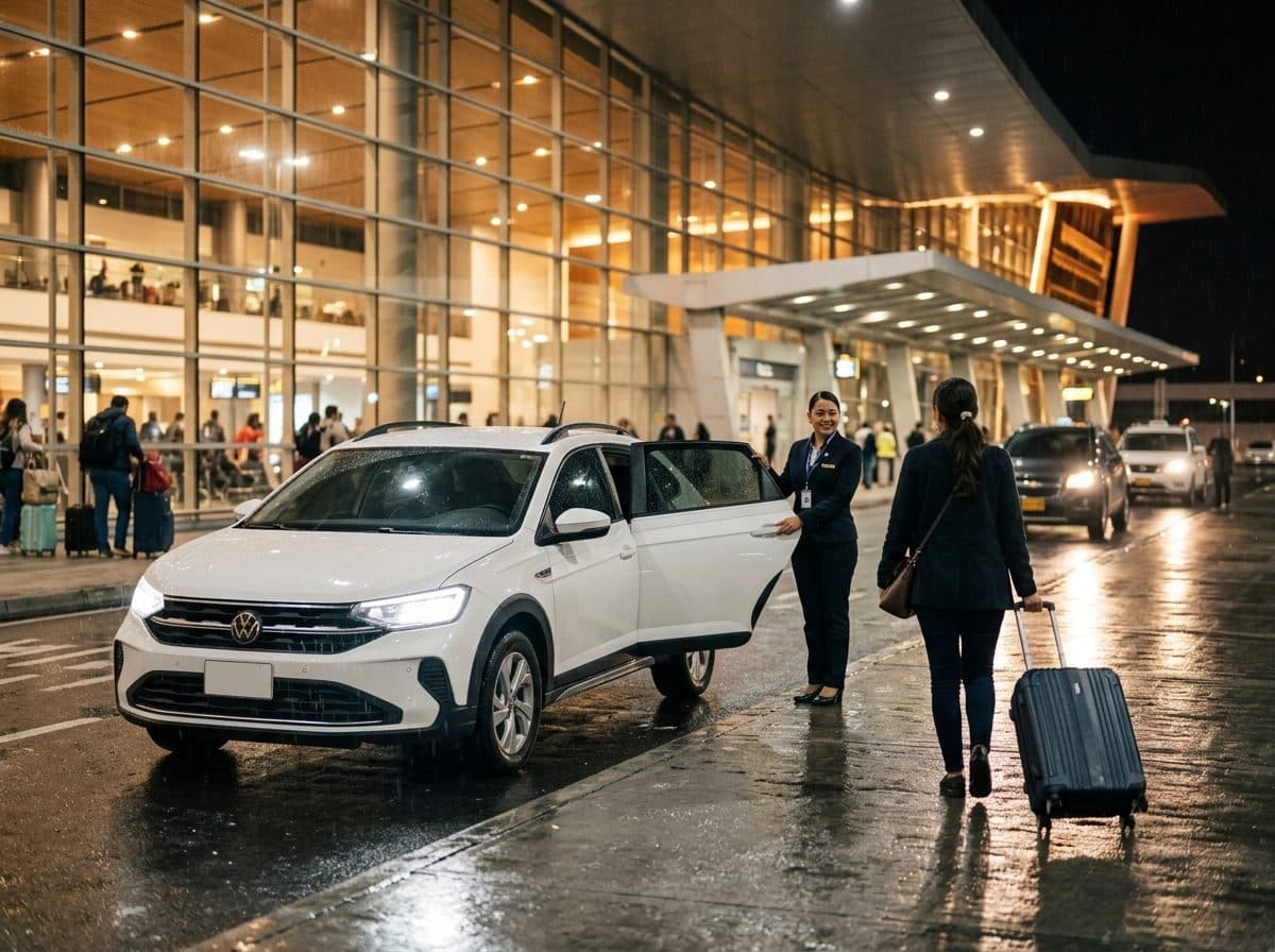White Volkswagen Nivus waiting for a traveler at night outside the airport terminal