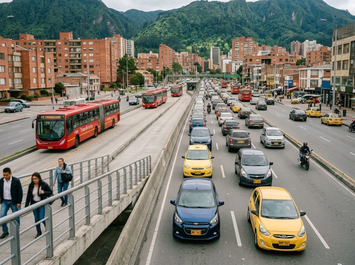 Rush-hour traffic on a Bogotá avenue seen from a pedestrian bridge