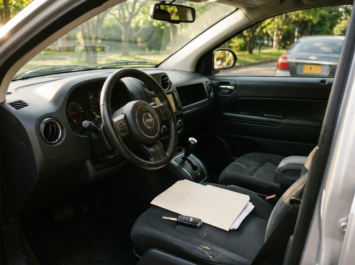 Carpeta con los papeles del seguro y la llave sobre el asiento de un Jeep Compass