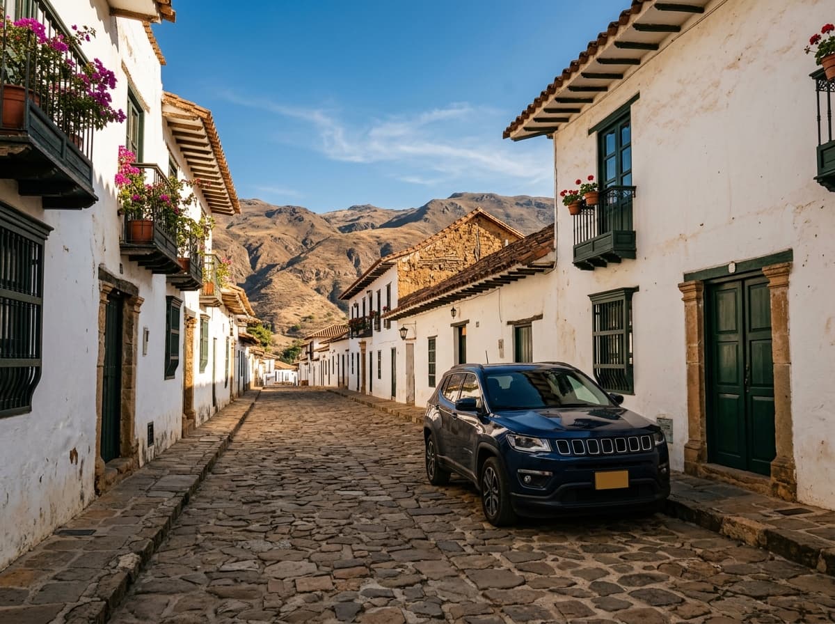Carro estacionado junto al centro histórico colonial de Villa de Leyva